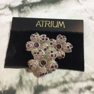 Atrium Pin Brooch Silver Toned Flowers W Purple Rhinestones Vintage Victorian